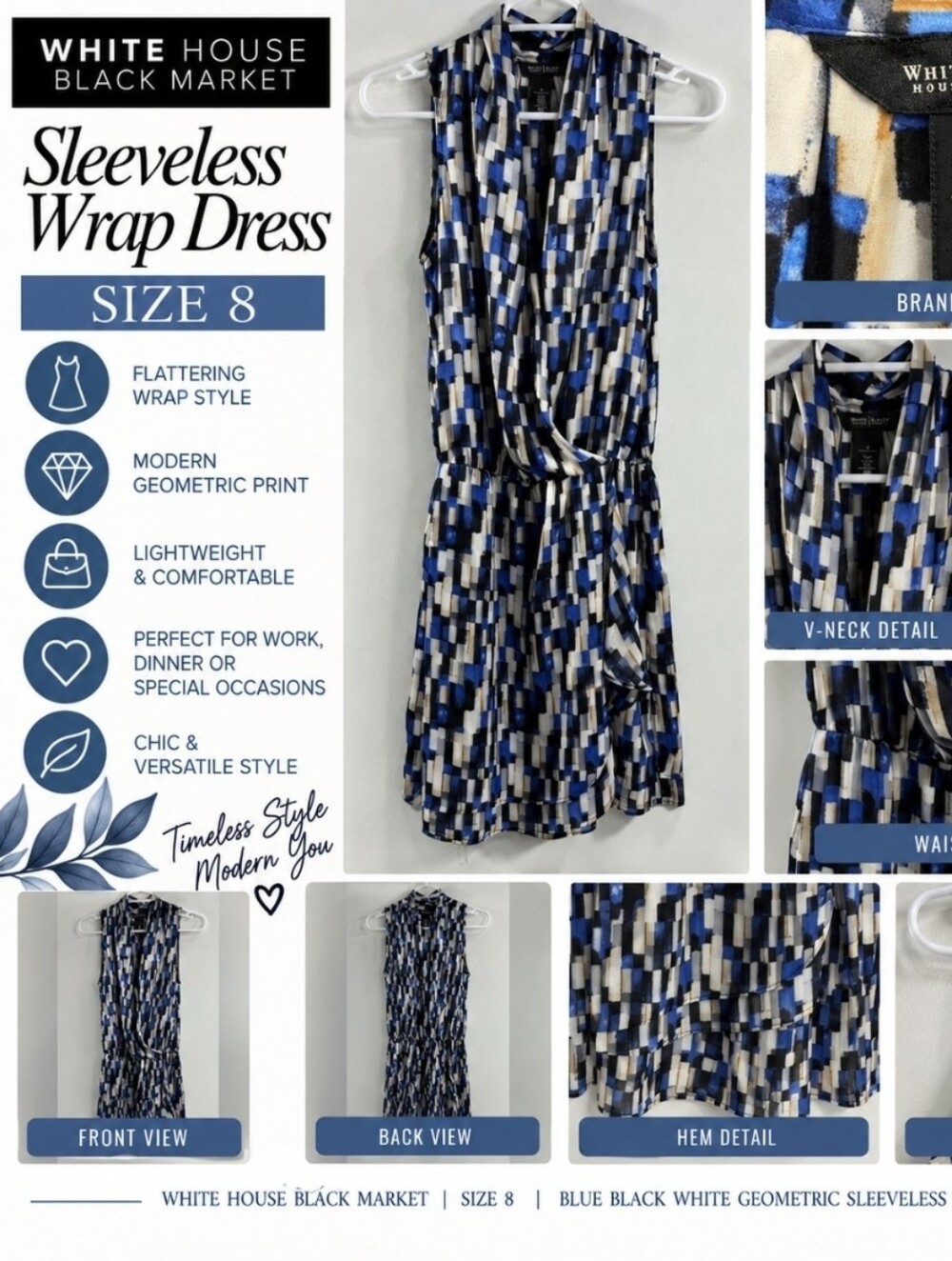 WHBM: Blue Black White Geometric Sleeveless Wrap Dress